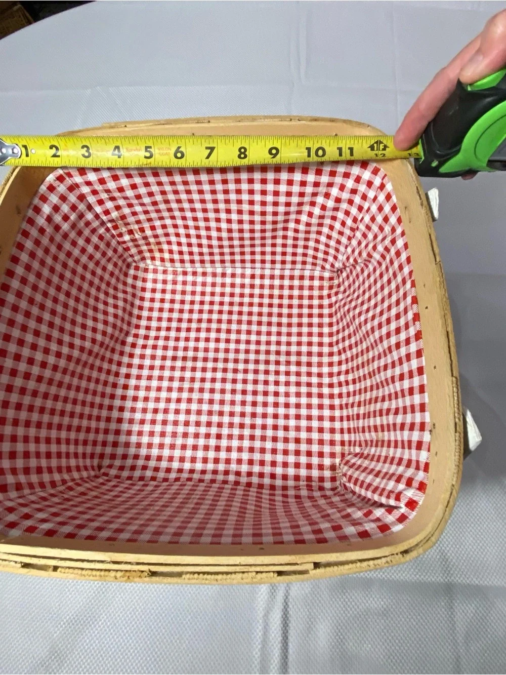 Woven Straw picnic basket w/White Handles red checkered lining